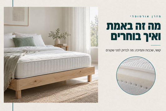 מזרן אורטופדי לבן בחדר שינה בהיר עם תקריב של שכבות המזרן