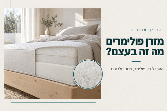 מזרן פולימרים: חתך שכבות ספוג של מזרן לבן על בסיס עץ אורן בחדר שינה בהיר