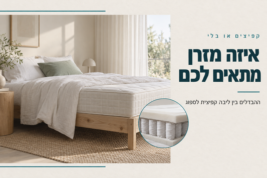 מזרן לבן בחדר שינה בהיר עם תקריב של שכבות המזרן