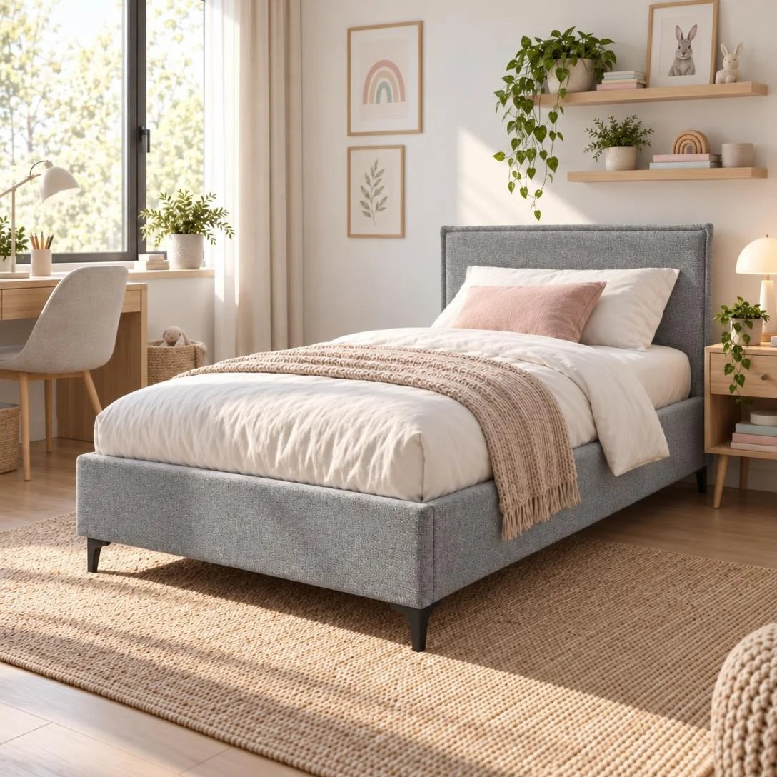 מיטת יחיד מרופדת SOFT LINE בחדר ילדים, בד אריג אפור